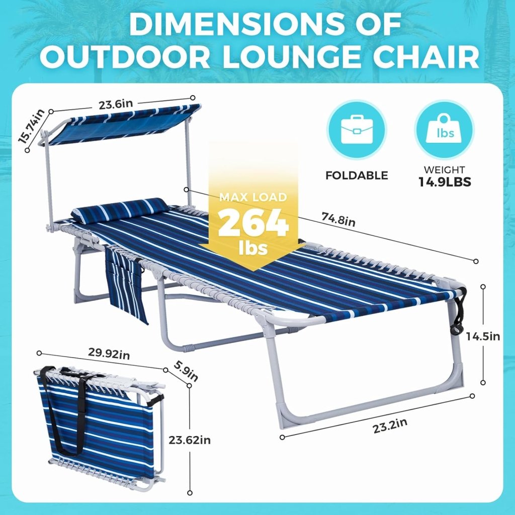 2 Pack Outdoor Chaise Lounge Chair - Portable Folding Patio Pool Lounge Chair, 5 Positions Adjustable Reclining Camping Chair with Side Table,Shoulder Strap, Pillow for Beach Sunbathing Lawn - Wigtrends