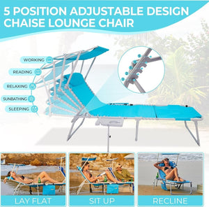 2 Pack Outdoor Chaise Lounge Chair - Portable Folding Patio Pool Lounge Chair, 5 Positions Adjustable Reclining Camping Chair with Side Table,Shoulder Strap, Pillow for Beach Sunbathing Lawn - Wigtrends