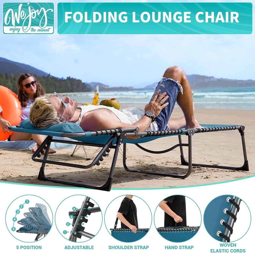 2 Pack Outdoor Chaise Lounge Chair - Portable Folding Patio Pool Lounge Chair, 5 Positions Adjustable Reclining Camping Chair with Side Table,Shoulder Strap, Pillow for Beach Sunbathing Lawn - Wigtrends