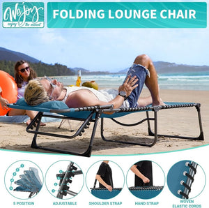 2 Pack Outdoor Chaise Lounge Chair - Portable Folding Patio Pool Lounge Chair, 5 Positions Adjustable Reclining Camping Chair with Side Table,Shoulder Strap, Pillow for Beach Sunbathing Lawn - Wigtrends