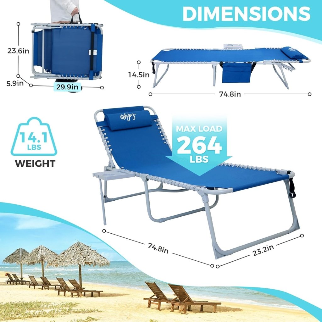 2 Pack Outdoor Chaise Lounge Chair - Portable Folding Patio Pool Lounge Chair, 5 Positions Adjustable Reclining Camping Chair with Side Table,Shoulder Strap, Pillow for Beach Sunbathing Lawn - Wigtrends