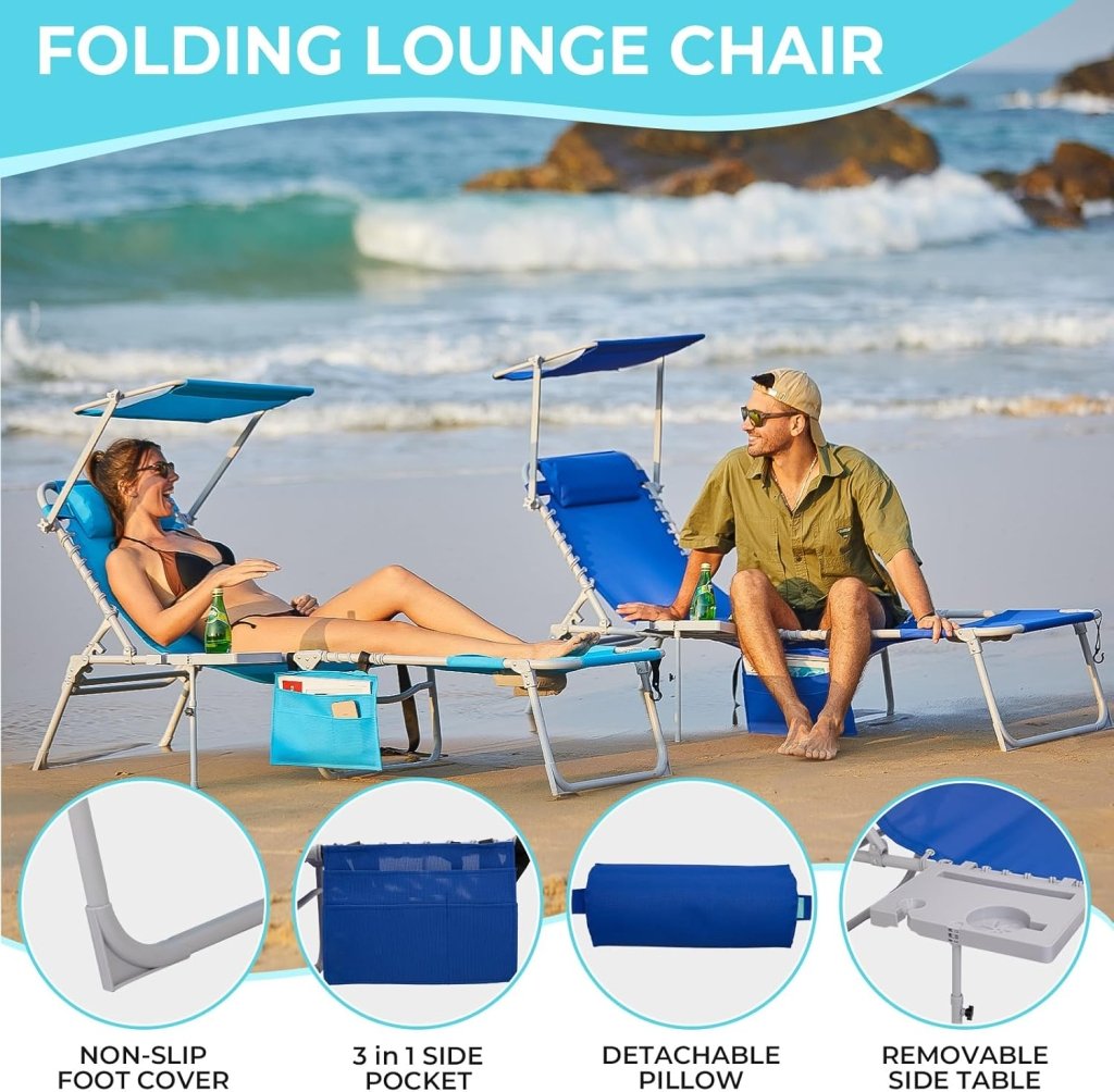 2 Pack Outdoor Chaise Lounge Chair - Portable Folding Patio Pool Lounge Chair, 5 Positions Adjustable Reclining Camping Chair with Side Table,Shoulder Strap, Pillow for Beach Sunbathing Lawn - Wigtrends