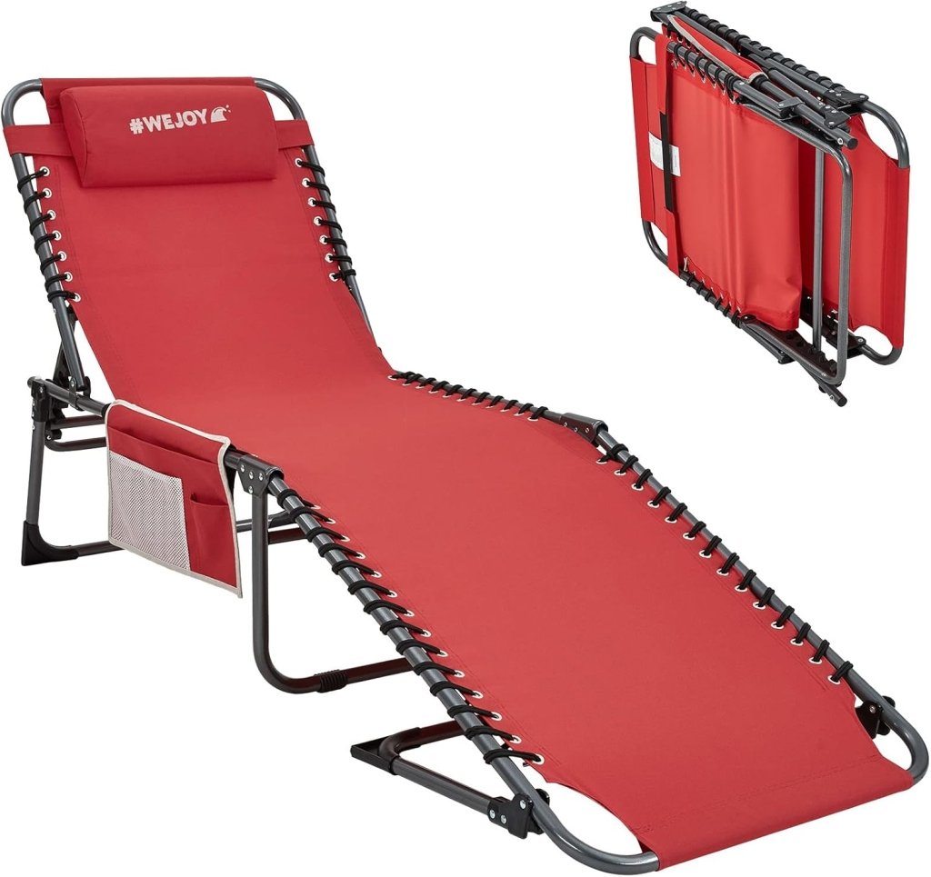2 Pack Outdoor Chaise Lounge Chair - Portable Folding Patio Pool Lounge Chair, 5 Positions Adjustable Reclining Camping Chair with Side Table,Shoulder Strap, Pillow for Beach Sunbathing Lawn - Wigtrends