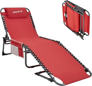 2 Pack Outdoor Chaise Lounge Chair - Portable Folding Patio Pool Lounge Chair, 5 Positions Adjustable Reclining Camping Chair with Side Table,Shoulder Strap, Pillow for Beach Sunbathing Lawn - Wigtrends