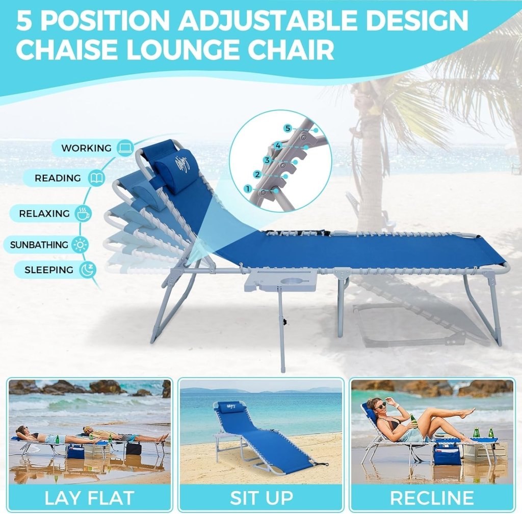 2 Pack Outdoor Chaise Lounge Chair - Portable Folding Patio Pool Lounge Chair, 5 Positions Adjustable Reclining Camping Chair with Side Table,Shoulder Strap, Pillow for Beach Sunbathing Lawn - Wigtrends