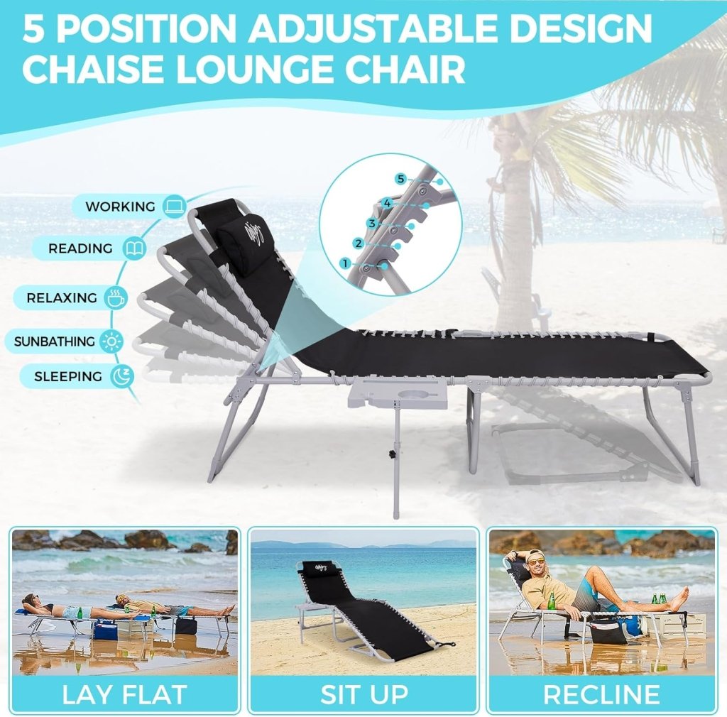 2 Pack Outdoor Chaise Lounge Chair - Portable Folding Patio Pool Lounge Chair, 5 Positions Adjustable Reclining Camping Chair with Side Table,Shoulder Strap, Pillow for Beach Sunbathing Lawn - Wigtrends