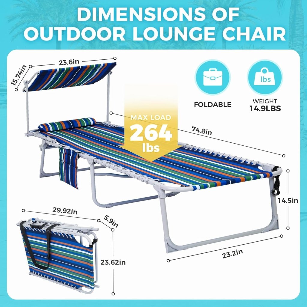 2 Pack Outdoor Chaise Lounge Chair - Portable Folding Patio Pool Lounge Chair, 5 Positions Adjustable Reclining Camping Chair with Side Table,Shoulder Strap, Pillow for Beach Sunbathing Lawn - Wigtrends