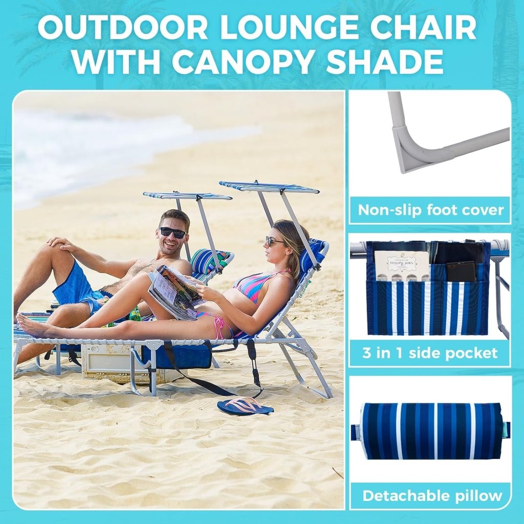 2 Pack Outdoor Chaise Lounge Chair - Portable Folding Patio Pool Lounge Chair, 5 Positions Adjustable Reclining Camping Chair with Side Table,Shoulder Strap, Pillow for Beach Sunbathing Lawn - Wigtrends