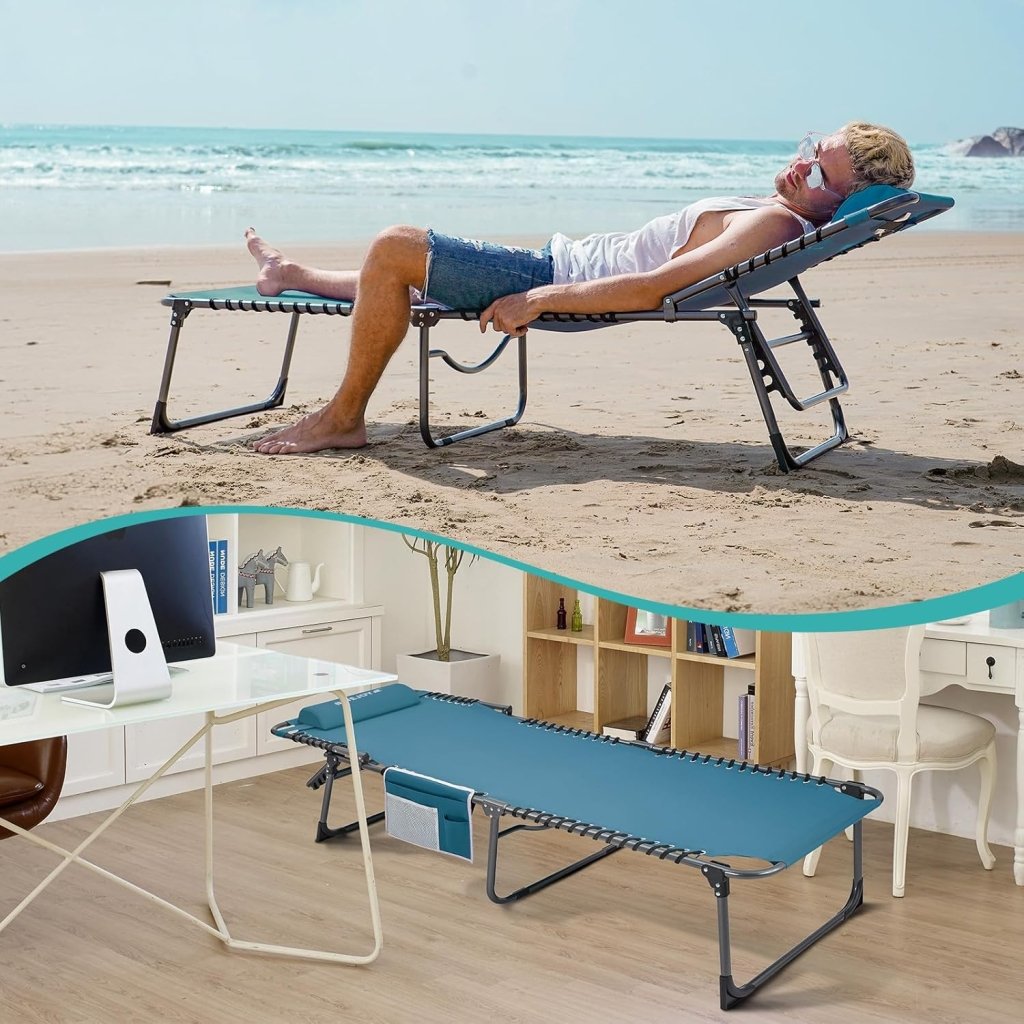 2 Pack Outdoor Chaise Lounge Chair - Portable Folding Patio Pool Lounge Chair, 5 Positions Adjustable Reclining Camping Chair with Side Table,Shoulder Strap, Pillow for Beach Sunbathing Lawn - Wigtrends