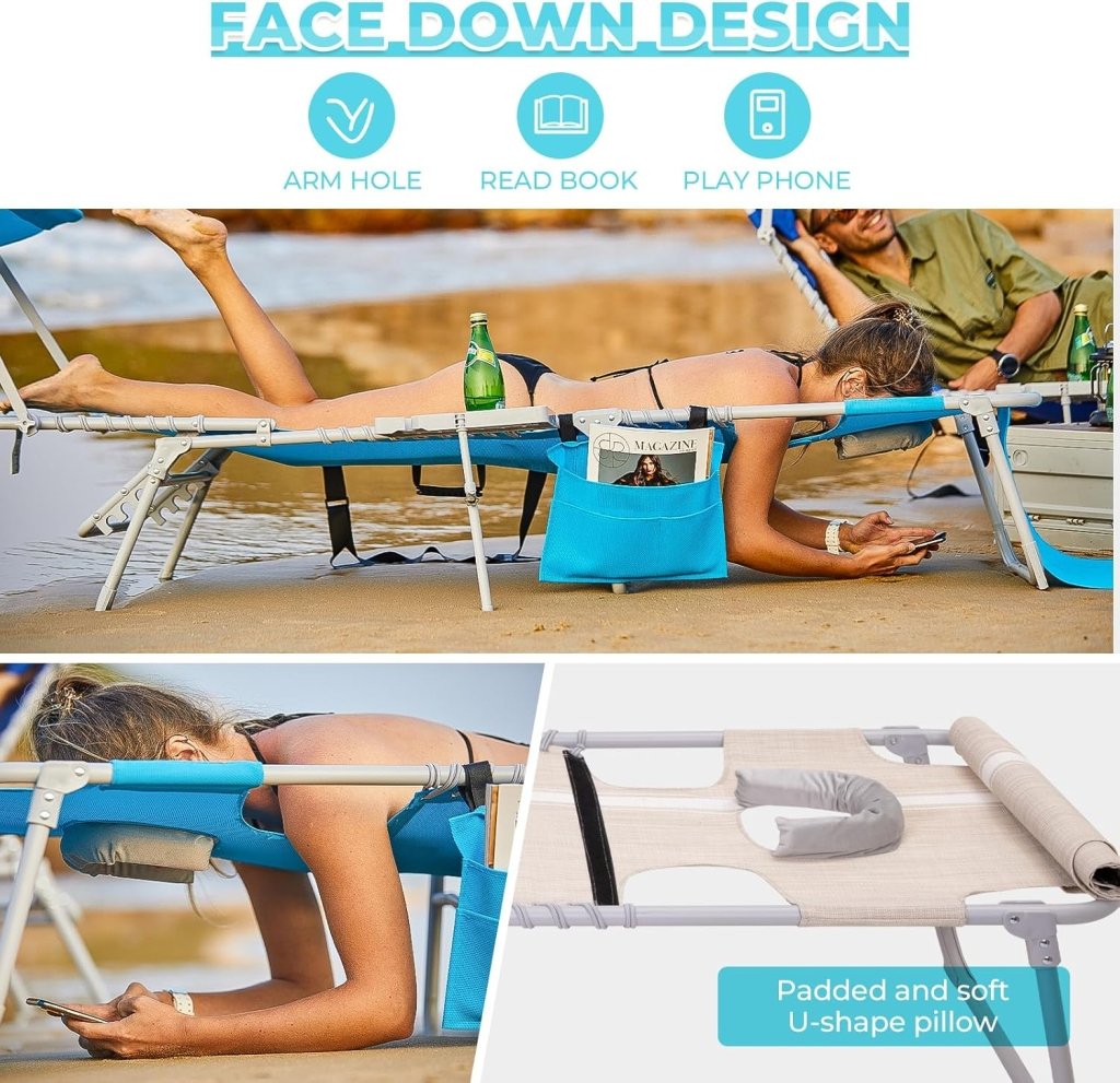 2 Pack Outdoor Chaise Lounge Chair - Portable Folding Patio Pool Lounge Chair, 5 Positions Adjustable Reclining Camping Chair with Side Table,Shoulder Strap, Pillow for Beach Sunbathing Lawn - Wigtrends