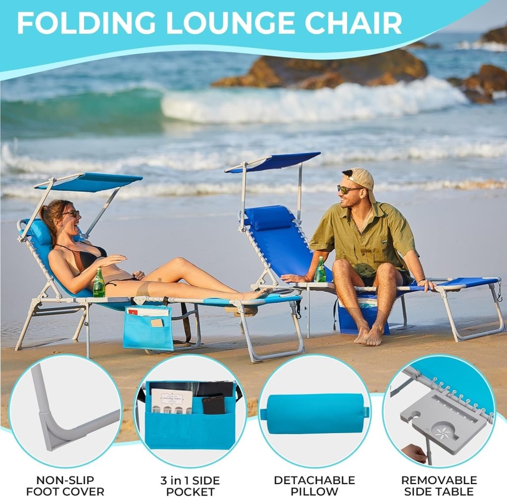 2 Pack Outdoor Chaise Lounge Chair - Portable Folding Patio Pool Lounge Chair, 5 Positions Adjustable Reclining Camping Chair with Side Table,Shoulder Strap, Pillow for Beach Sunbathing Lawn - Wigtrends