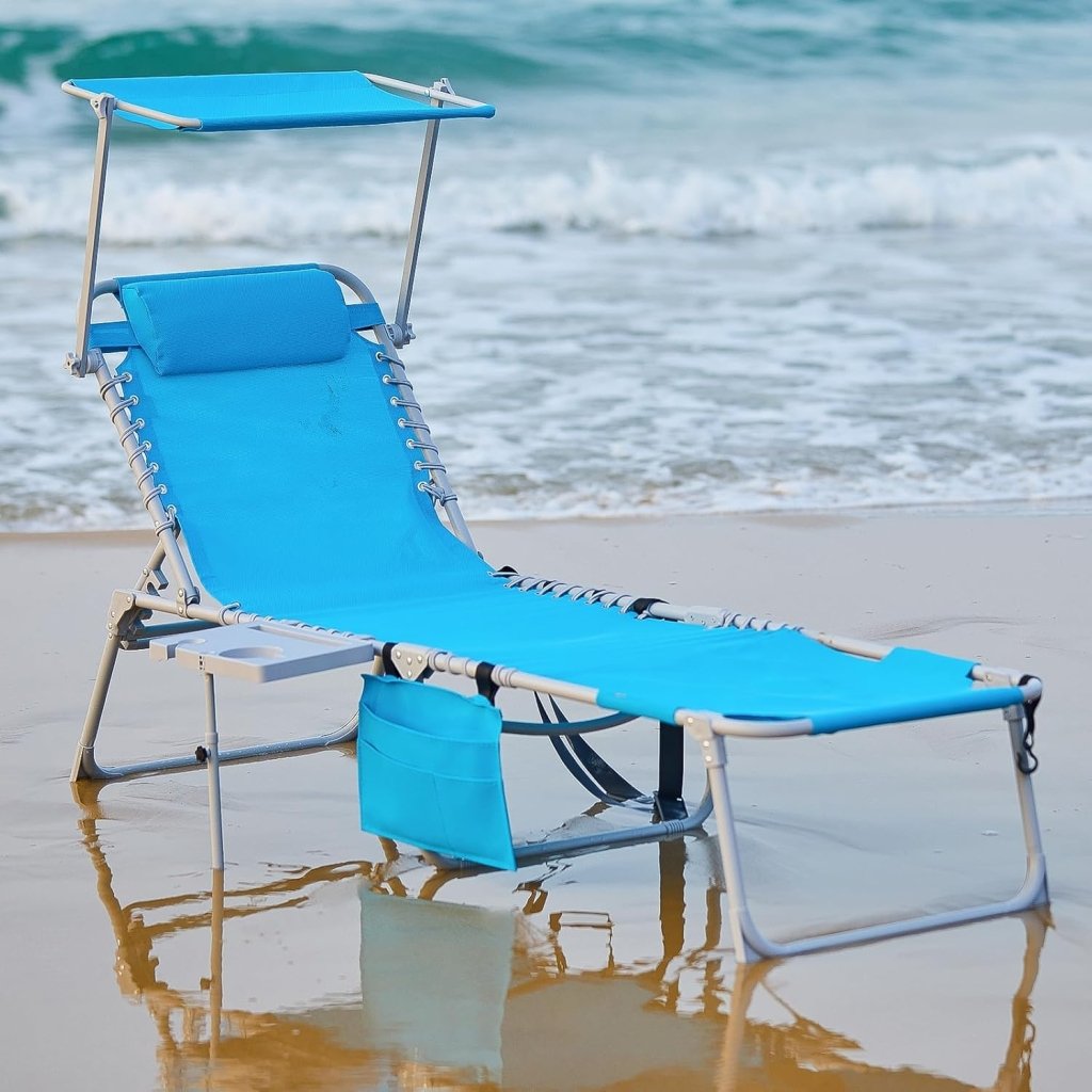 2 Pack Outdoor Chaise Lounge Chair - Portable Folding Patio Pool Lounge Chair, 5 Positions Adjustable Reclining Camping Chair with Side Table,Shoulder Strap, Pillow for Beach Sunbathing Lawn - Wigtrends