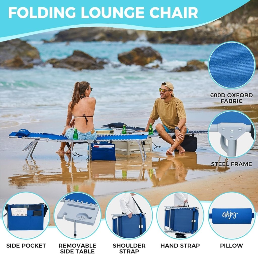 2 Pack Outdoor Chaise Lounge Chair - Portable Folding Patio Pool Lounge Chair, 5 Positions Adjustable Reclining Camping Chair with Side Table,Shoulder Strap, Pillow for Beach Sunbathing Lawn - Wigtrends