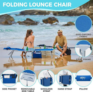 2 Pack Outdoor Chaise Lounge Chair - Portable Folding Patio Pool Lounge Chair, 5 Positions Adjustable Reclining Camping Chair with Side Table,Shoulder Strap, Pillow for Beach Sunbathing Lawn - Wigtrends