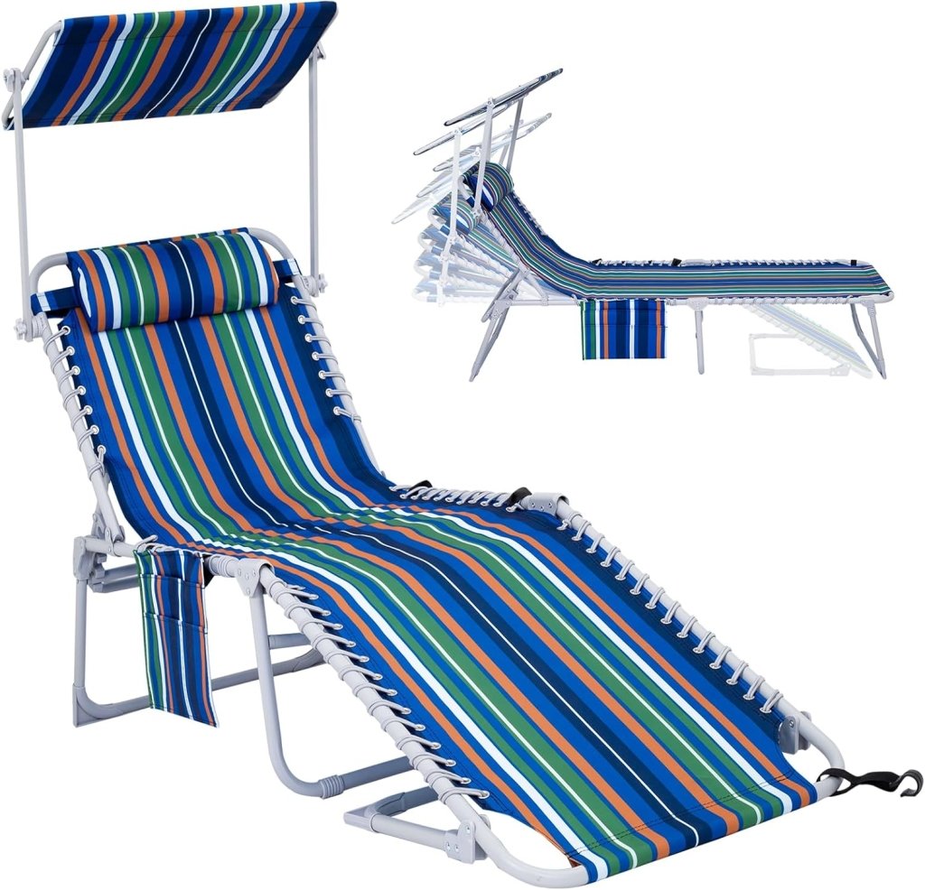 2 Pack Outdoor Chaise Lounge Chair - Portable Folding Patio Pool Lounge Chair, 5 Positions Adjustable Reclining Camping Chair with Side Table,Shoulder Strap, Pillow for Beach Sunbathing Lawn - Wigtrends