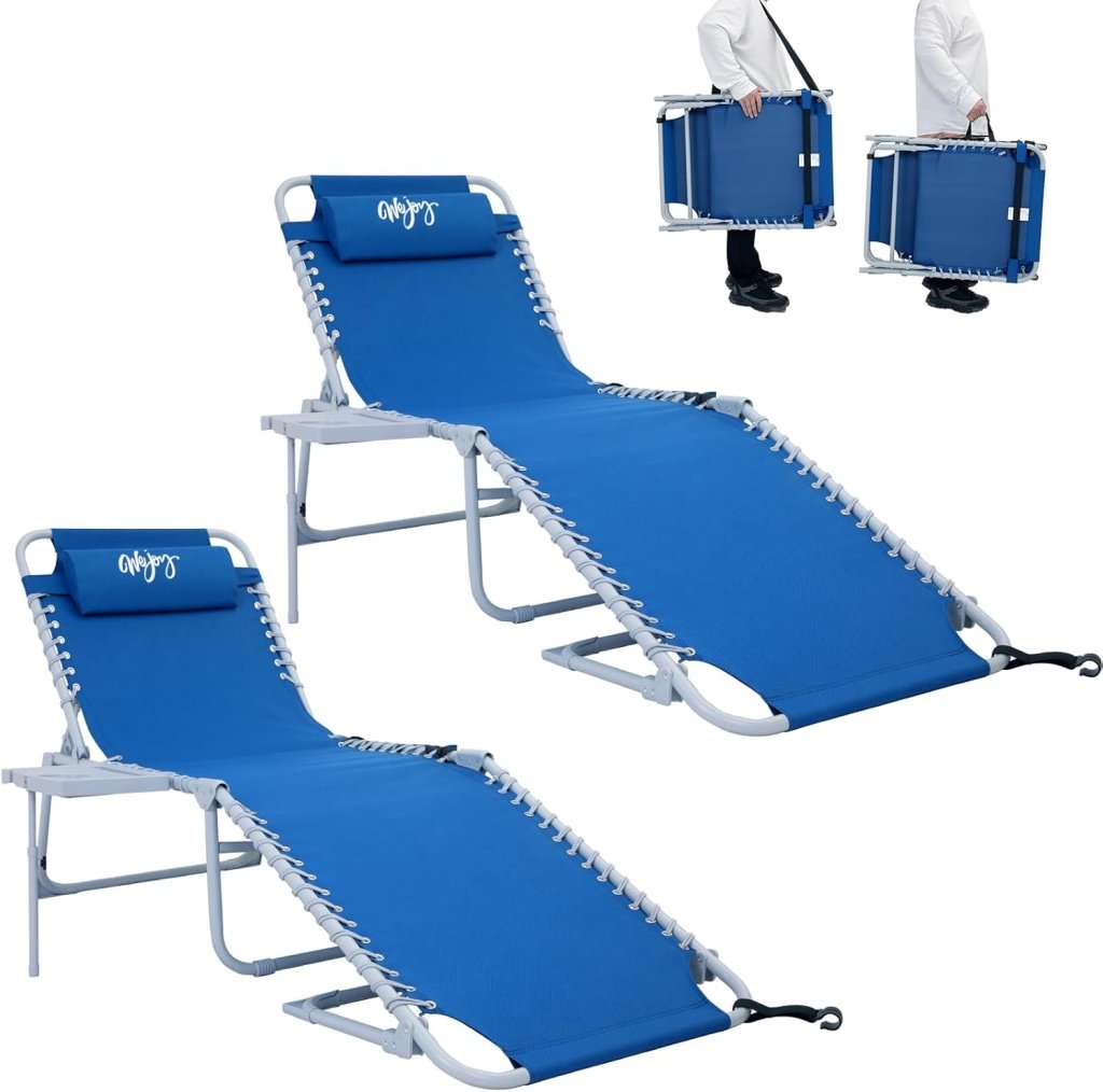 2 Pack Outdoor Chaise Lounge Chair - Portable Folding Patio Pool Lounge Chair, 5 Positions Adjustable Reclining Camping Chair with Side Table,Shoulder Strap, Pillow for Beach Sunbathing Lawn - Wigtrends