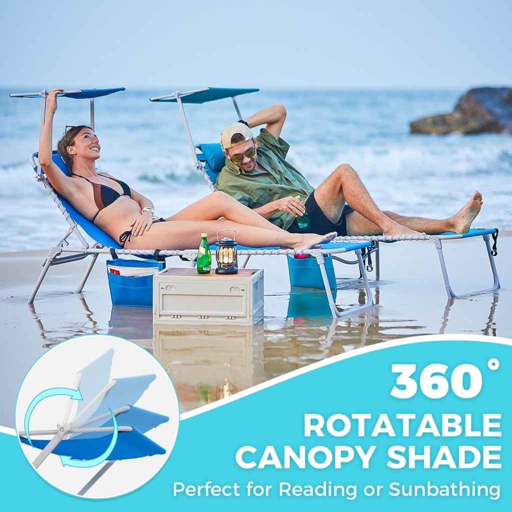 2 Pack Outdoor Chaise Lounge Chair - Portable Folding Patio Pool Lounge Chair, 5 Positions Adjustable Reclining Camping Chair with Side Table,Shoulder Strap, Pillow for Beach Sunbathing Lawn - Wigtrends