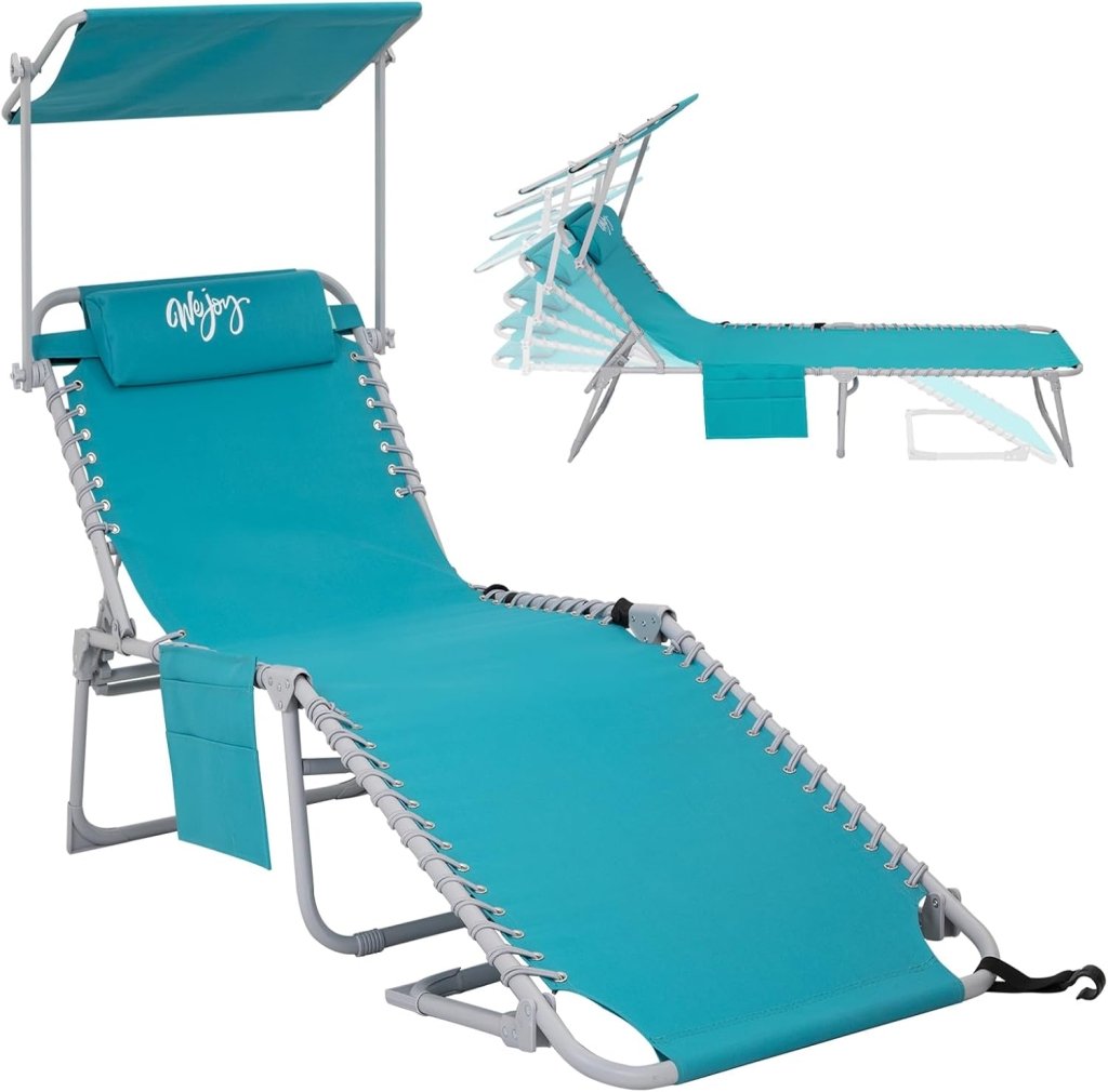 2 Pack Outdoor Chaise Lounge Chair - Portable Folding Patio Pool Lounge Chair, 5 Positions Adjustable Reclining Camping Chair with Side Table,Shoulder Strap, Pillow for Beach Sunbathing Lawn - Wigtrends
