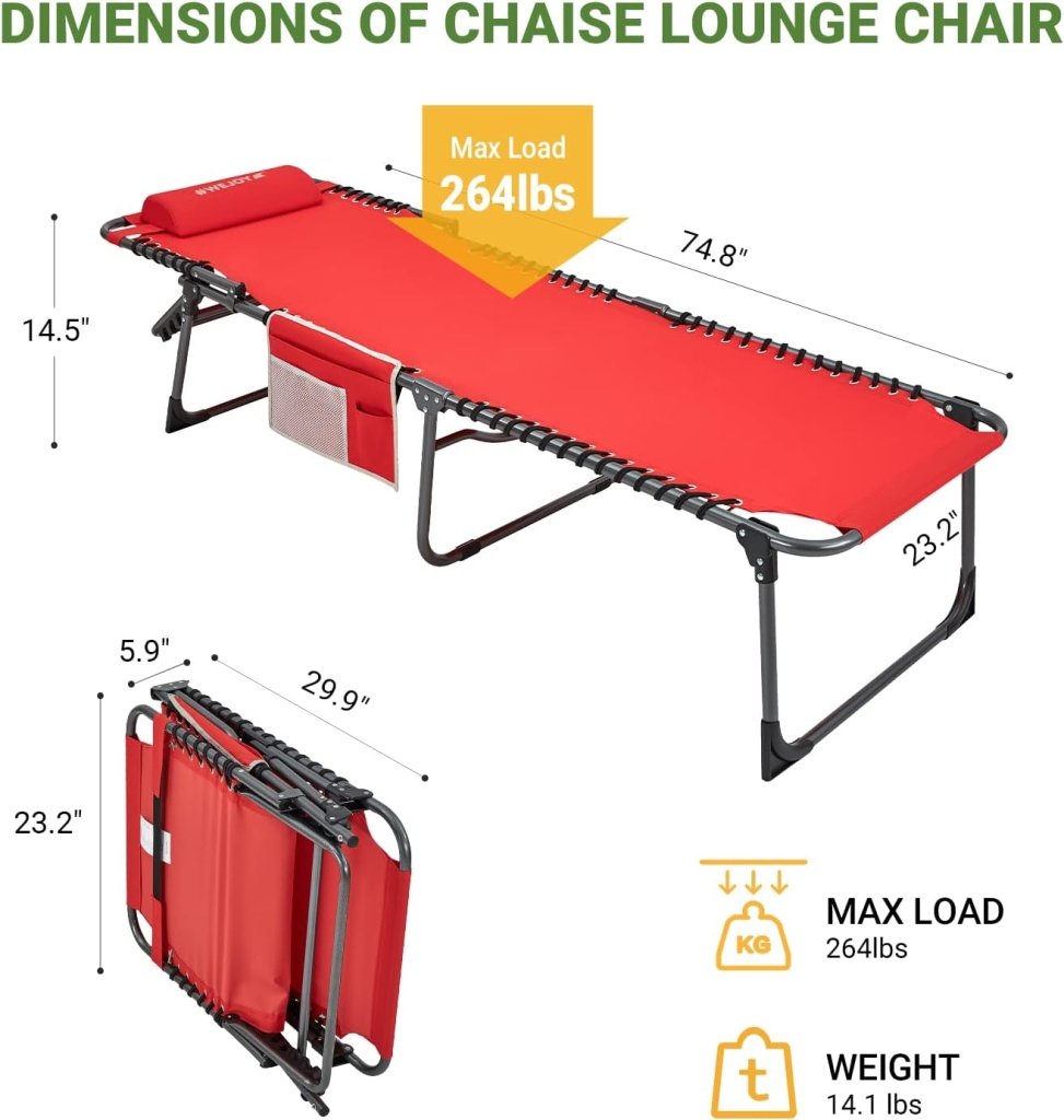 2 Pack Outdoor Chaise Lounge Chair - Portable Folding Patio Pool Lounge Chair, 5 Positions Adjustable Reclining Camping Chair with Side Table,Shoulder Strap, Pillow for Beach Sunbathing Lawn - Wigtrends