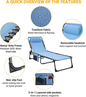 2 Pack Outdoor Chaise Lounge Chair - Portable Folding Patio Pool Lounge Chair, 5 Positions Adjustable Reclining Camping Chair with Side Table,Shoulder Strap, Pillow for Beach Sunbathing Lawn - Wigtrends