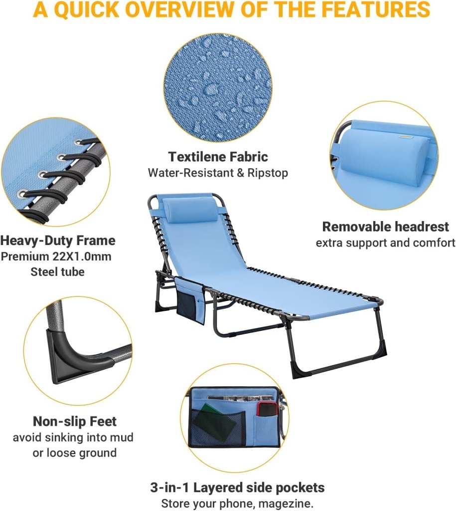 2 Pack Outdoor Chaise Lounge Chair - Portable Folding Patio Pool Lounge Chair, 5 Positions Adjustable Reclining Camping Chair with Side Table,Shoulder Strap, Pillow for Beach Sunbathing Lawn - Wigtrends