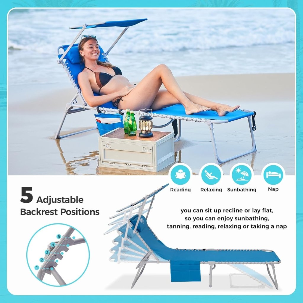 2 Pack Outdoor Chaise Lounge Chair - Portable Folding Patio Pool Lounge Chair, 5 Positions Adjustable Reclining Camping Chair with Side Table,Shoulder Strap, Pillow for Beach Sunbathing Lawn - Wigtrends