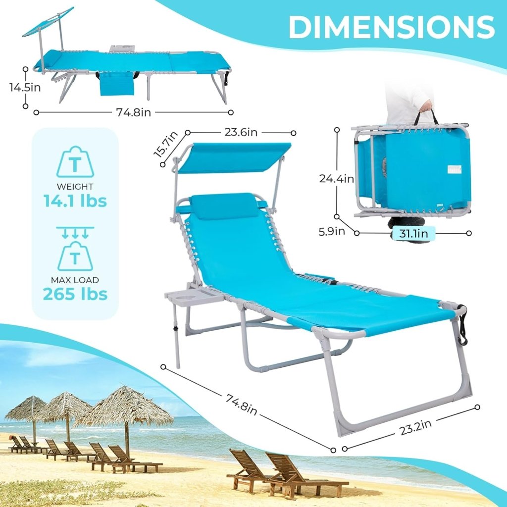 2 Pack Outdoor Chaise Lounge Chair - Portable Folding Patio Pool Lounge Chair, 5 Positions Adjustable Reclining Camping Chair with Side Table,Shoulder Strap, Pillow for Beach Sunbathing Lawn - Wigtrends