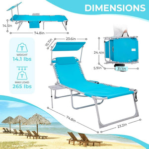 2 Pack Outdoor Chaise Lounge Chair - Portable Folding Patio Pool Lounge Chair, 5 Positions Adjustable Reclining Camping Chair with Side Table,Shoulder Strap, Pillow for Beach Sunbathing Lawn - Wigtrends
