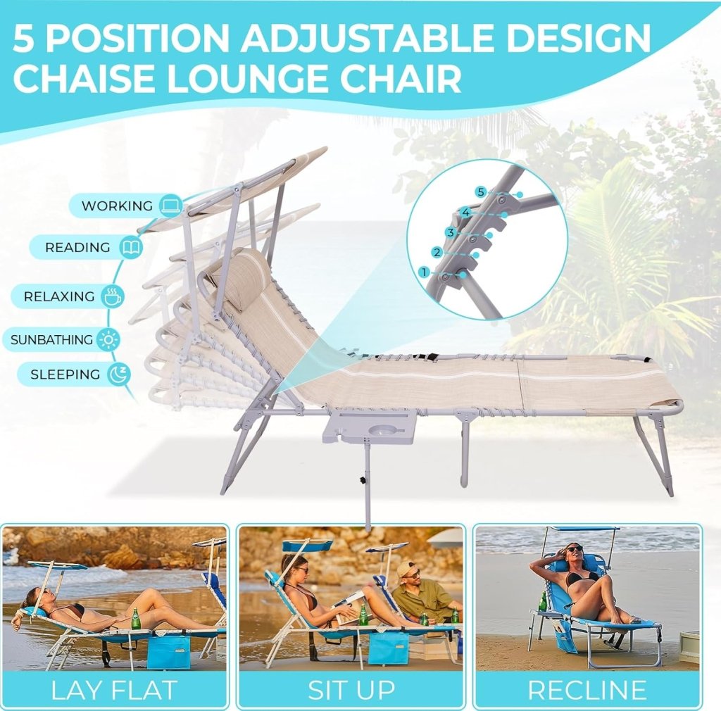 2 Pack Outdoor Chaise Lounge Chair - Portable Folding Patio Pool Lounge Chair, 5 Positions Adjustable Reclining Camping Chair with Side Table,Shoulder Strap, Pillow for Beach Sunbathing Lawn - Wigtrends