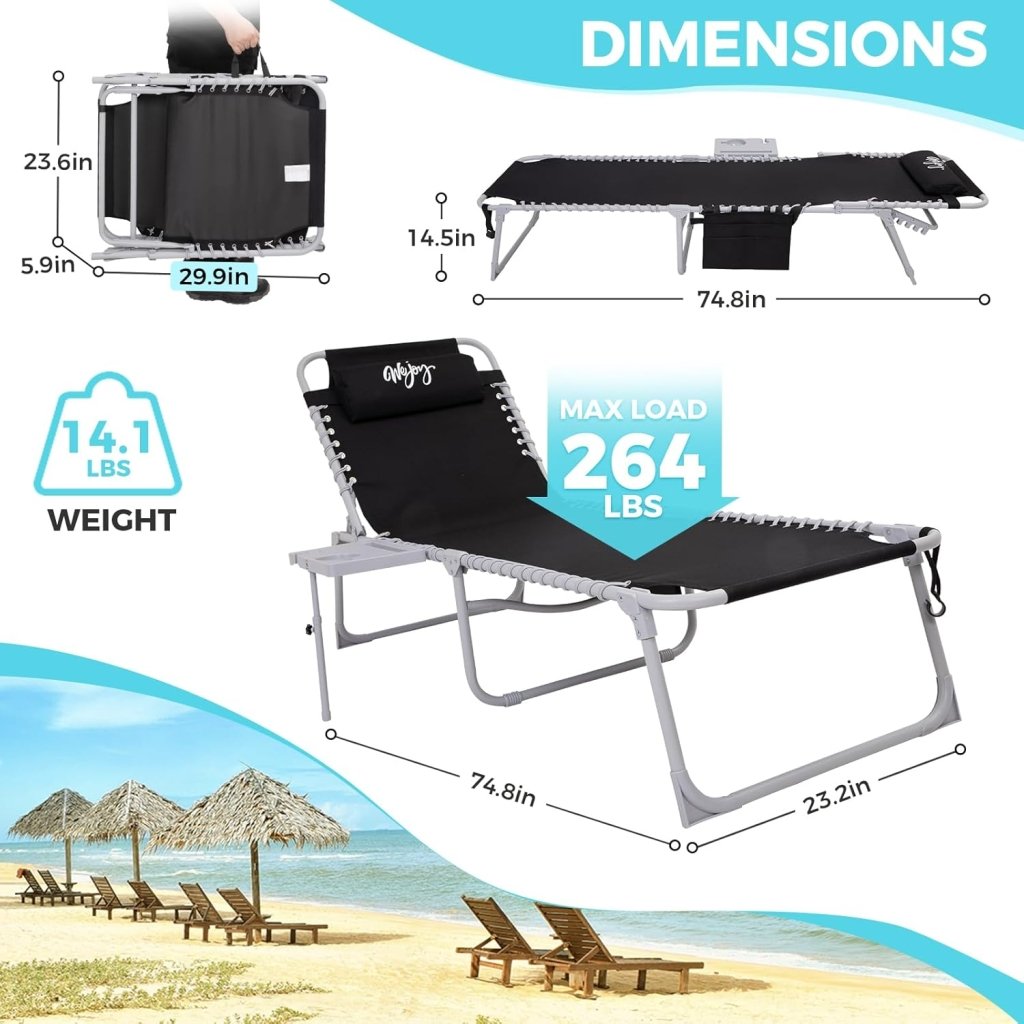 2 Pack Outdoor Chaise Lounge Chair - Portable Folding Patio Pool Lounge Chair, 5 Positions Adjustable Reclining Camping Chair with Side Table,Shoulder Strap, Pillow for Beach Sunbathing Lawn - Wigtrends