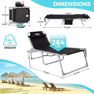 2 Pack Outdoor Chaise Lounge Chair - Portable Folding Patio Pool Lounge Chair, 5 Positions Adjustable Reclining Camping Chair with Side Table,Shoulder Strap, Pillow for Beach Sunbathing Lawn - Wigtrends