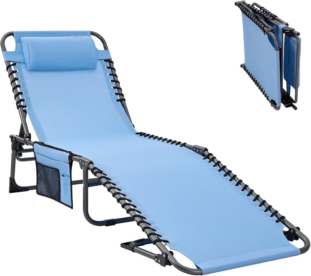 2 Pack Outdoor Chaise Lounge Chair - Portable Folding Patio Pool Lounge Chair, 5 Positions Adjustable Reclining Camping Chair with Side Table,Shoulder Strap, Pillow for Beach Sunbathing Lawn - Wigtrends
