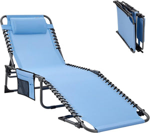 2 Pack Outdoor Chaise Lounge Chair - Portable Folding Patio Pool Lounge Chair, 5 Positions Adjustable Reclining Camping Chair with Side Table,Shoulder Strap, Pillow for Beach Sunbathing Lawn - Wigtrends