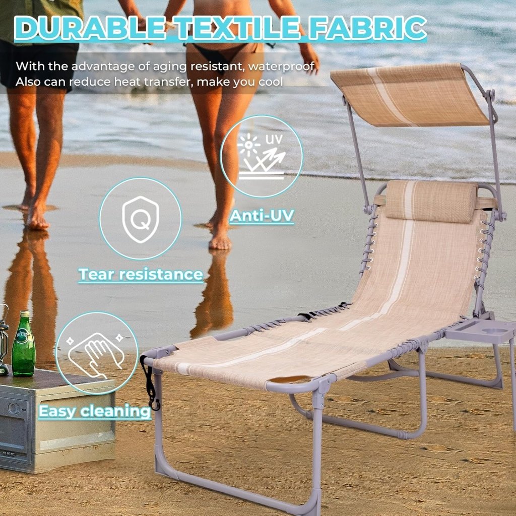 2 Pack Outdoor Chaise Lounge Chair - Portable Folding Patio Pool Lounge Chair, 5 Positions Adjustable Reclining Camping Chair with Side Table,Shoulder Strap, Pillow for Beach Sunbathing Lawn - Wigtrends