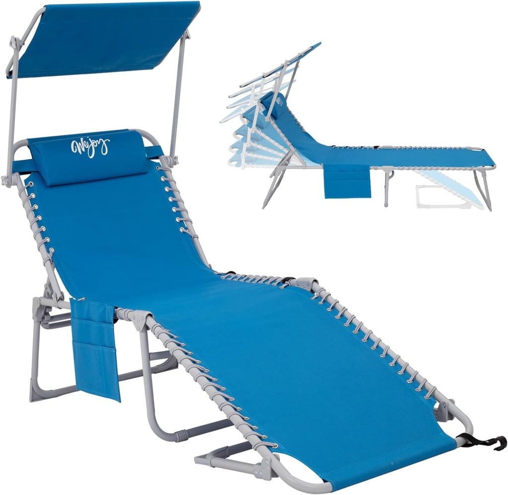 2 Pack Outdoor Chaise Lounge Chair - Portable Folding Patio Pool Lounge Chair, 5 Positions Adjustable Reclining Camping Chair with Side Table,Shoulder Strap, Pillow for Beach Sunbathing Lawn - Wigtrends