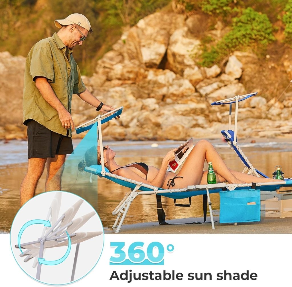 2 Pack Outdoor Chaise Lounge Chair - Portable Folding Patio Pool Lounge Chair, 5 Positions Adjustable Reclining Camping Chair with Side Table,Shoulder Strap, Pillow for Beach Sunbathing Lawn - Wigtrends