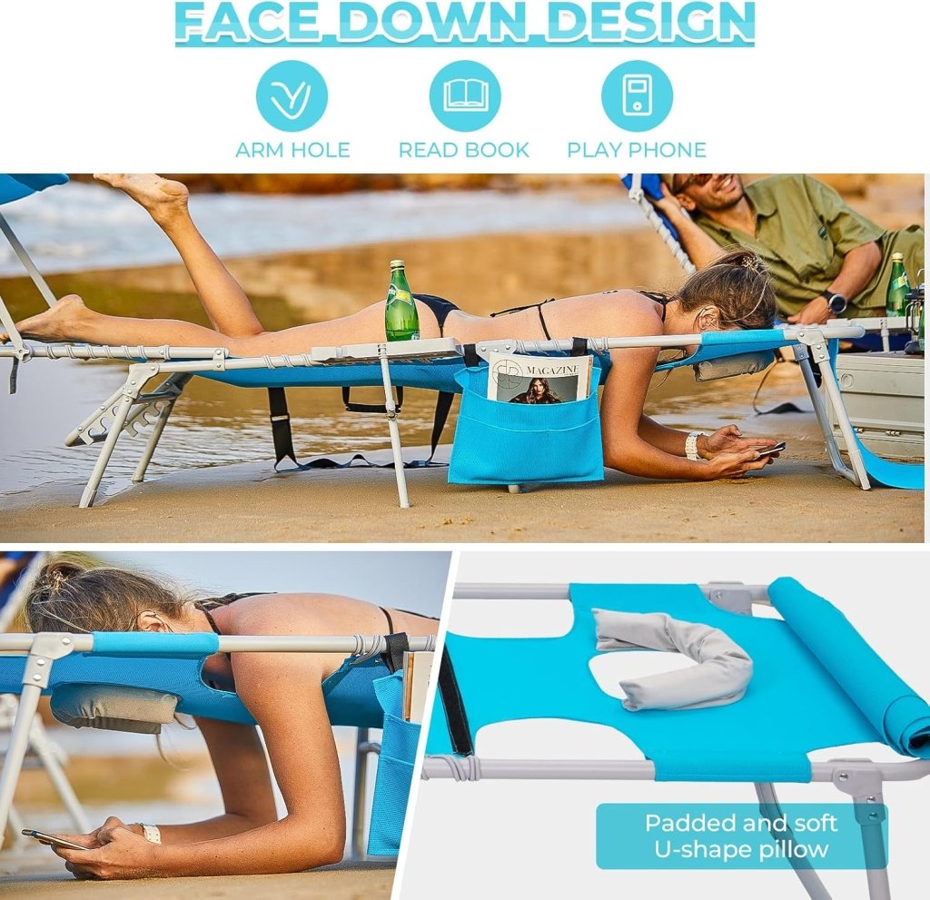 2 Pack Outdoor Chaise Lounge Chair - Portable Folding Patio Pool Lounge Chair, 5 Positions Adjustable Reclining Camping Chair with Side Table,Shoulder Strap, Pillow for Beach Sunbathing Lawn - Wigtrends