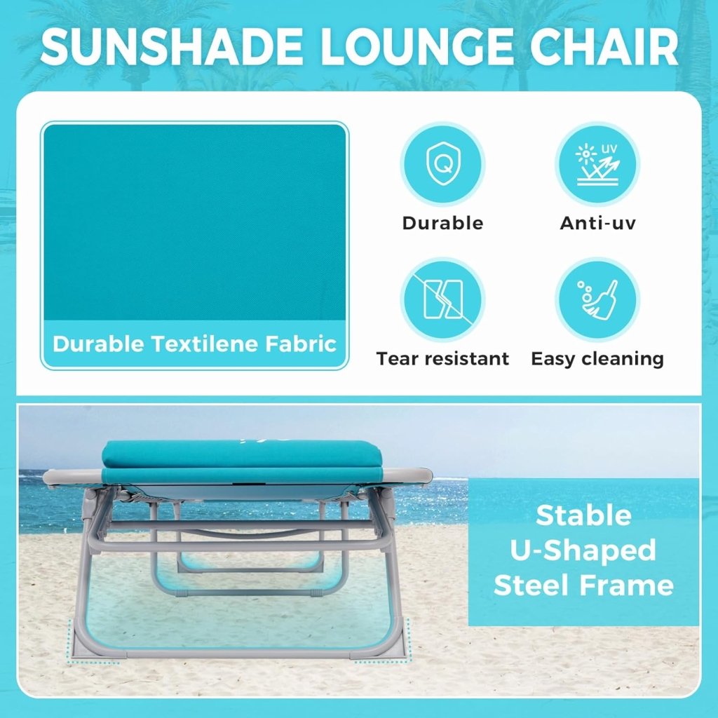 2 Pack Outdoor Chaise Lounge Chair - Portable Folding Patio Pool Lounge Chair, 5 Positions Adjustable Reclining Camping Chair with Side Table,Shoulder Strap, Pillow for Beach Sunbathing Lawn - Wigtrends