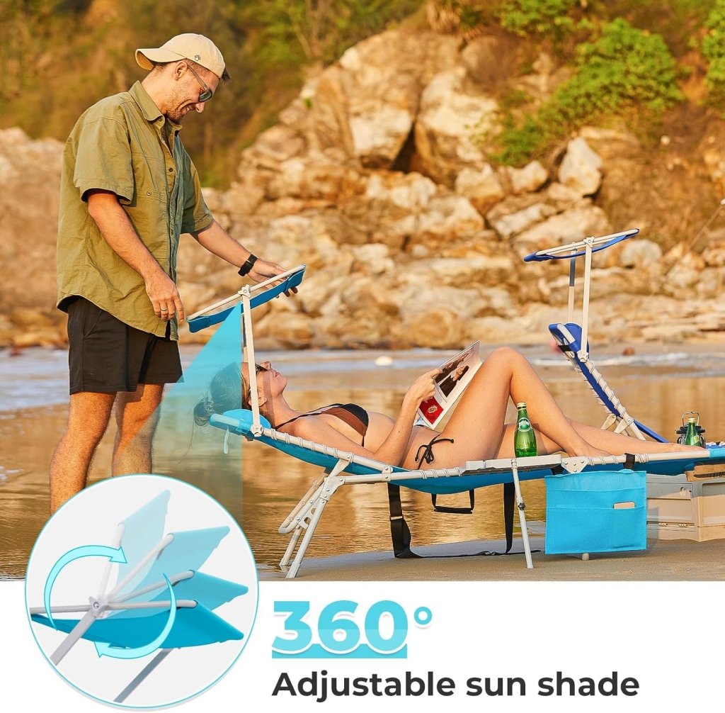 2 Pack Outdoor Chaise Lounge Chair - Portable Folding Patio Pool Lounge Chair, 5 Positions Adjustable Reclining Camping Chair with Side Table,Shoulder Strap, Pillow for Beach Sunbathing Lawn - Wigtrends
