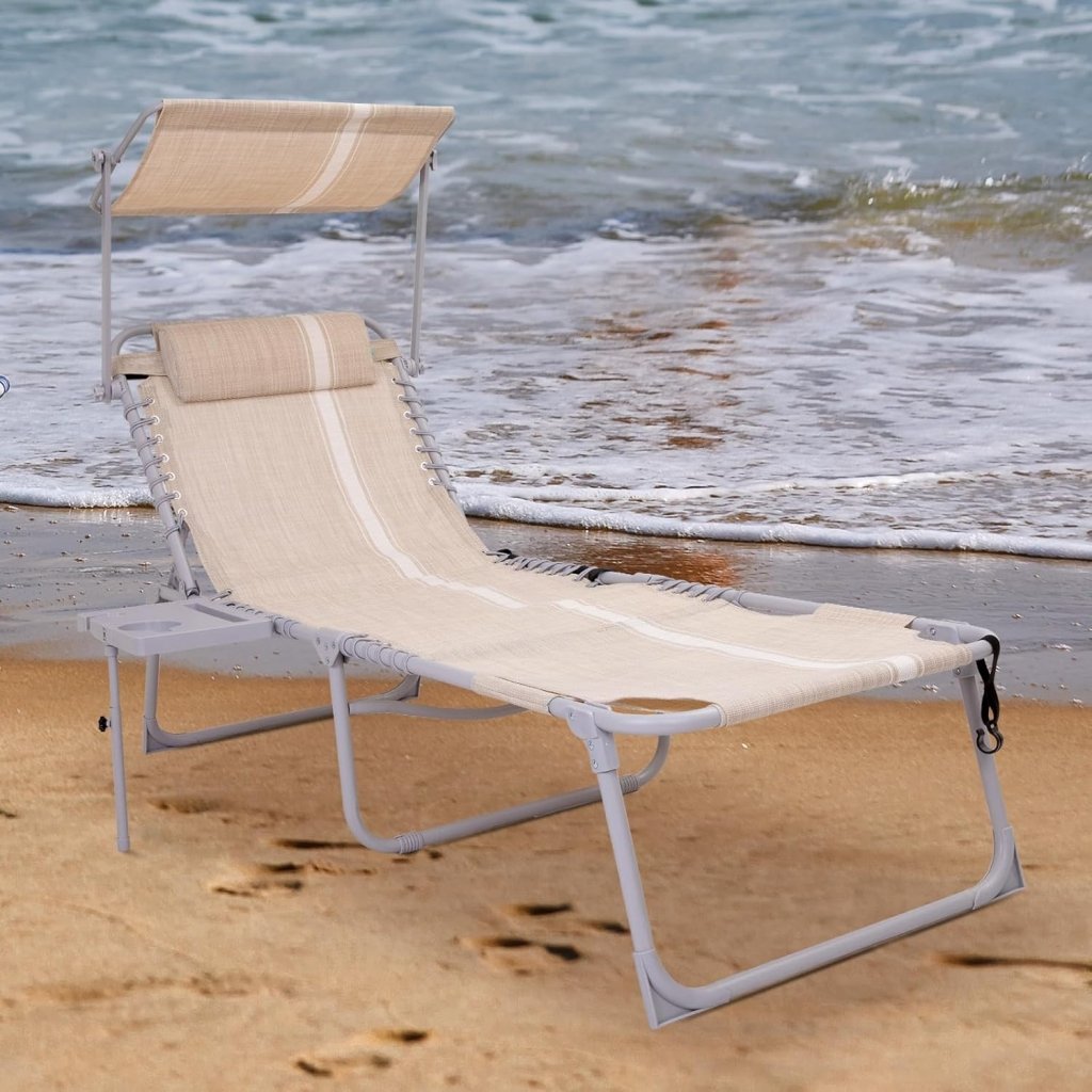 2 Pack Outdoor Chaise Lounge Chair - Portable Folding Patio Pool Lounge Chair, 5 Positions Adjustable Reclining Camping Chair with Side Table,Shoulder Strap, Pillow for Beach Sunbathing Lawn - Wigtrends