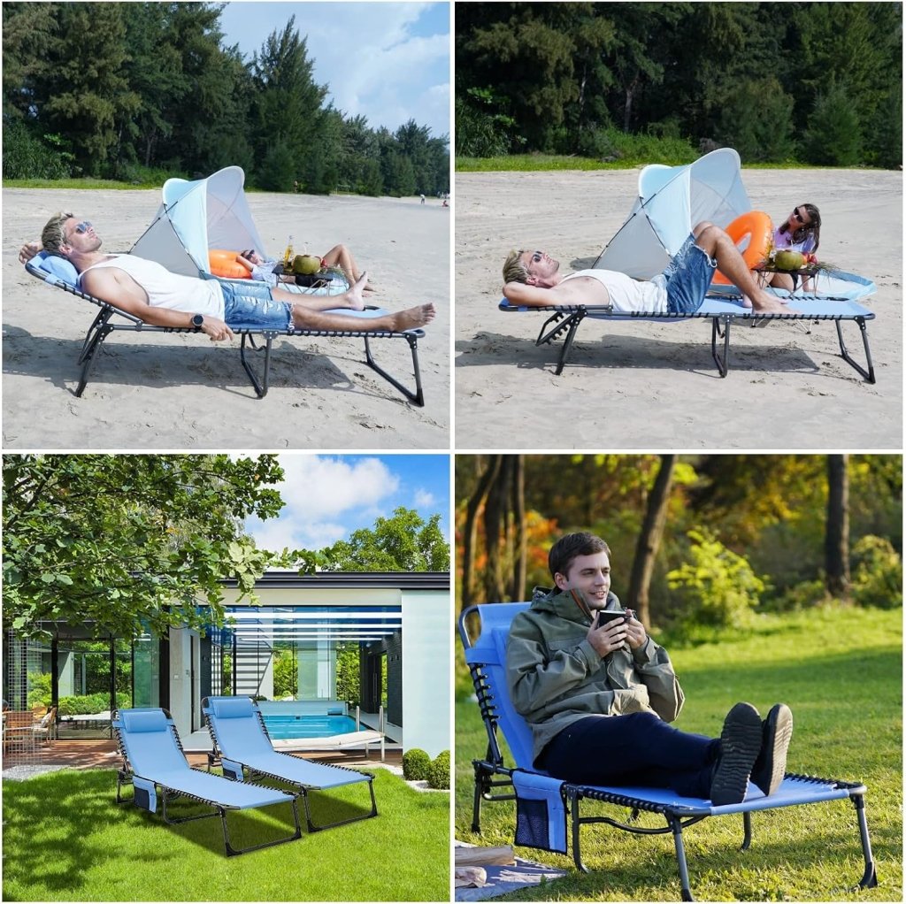 2 Pack Outdoor Chaise Lounge Chair - Portable Folding Patio Pool Lounge Chair, 5 Positions Adjustable Reclining Camping Chair with Side Table,Shoulder Strap, Pillow for Beach Sunbathing Lawn - Wigtrends