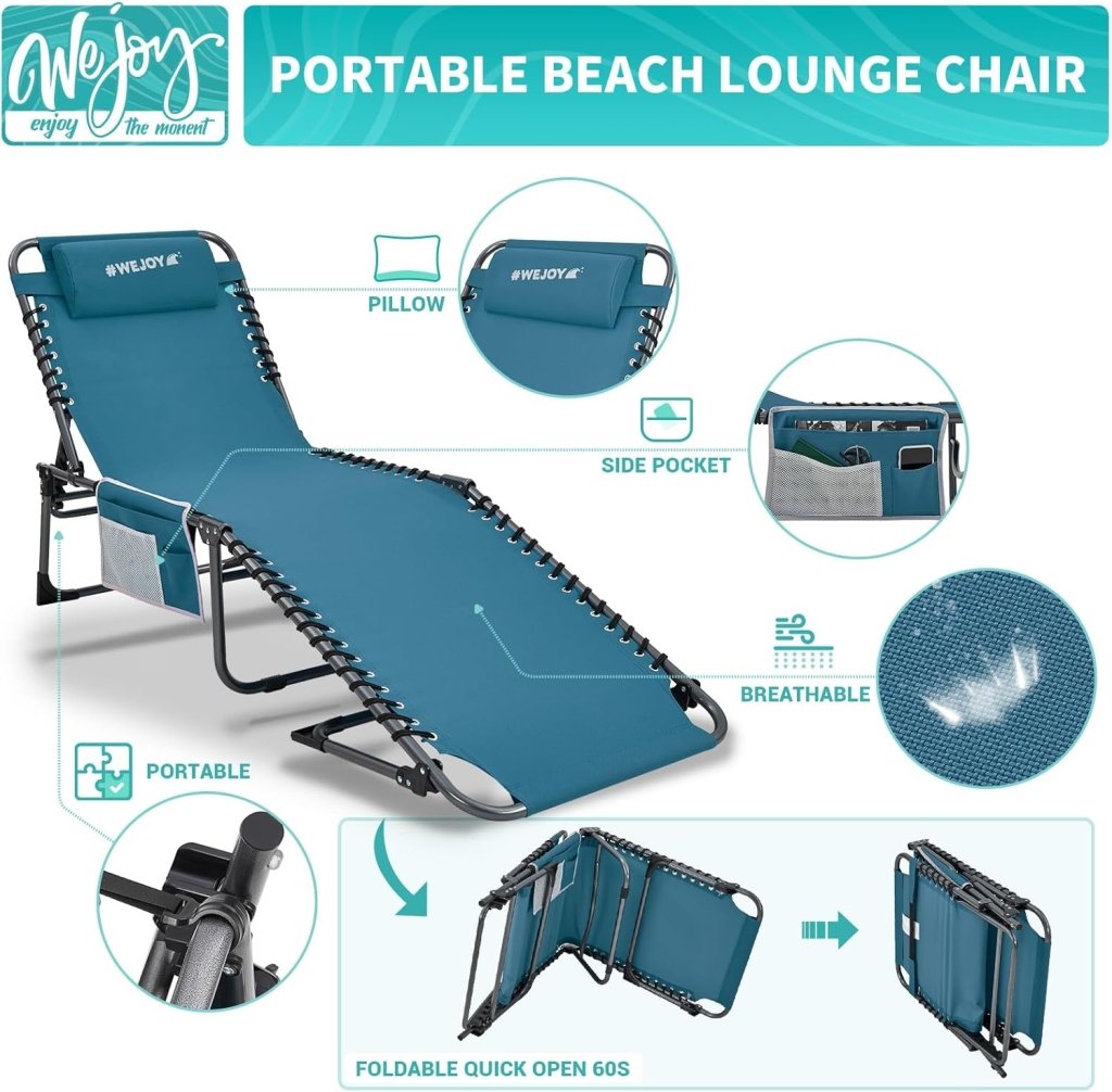 2 Pack Outdoor Chaise Lounge Chair - Portable Folding Patio Pool Lounge Chair, 5 Positions Adjustable Reclining Camping Chair with Side Table,Shoulder Strap, Pillow for Beach Sunbathing Lawn - Wigtrends
