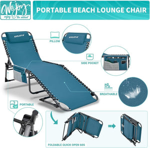 2 Pack Outdoor Chaise Lounge Chair - Portable Folding Patio Pool Lounge Chair, 5 Positions Adjustable Reclining Camping Chair with Side Table,Shoulder Strap, Pillow for Beach Sunbathing Lawn - Wigtrends
