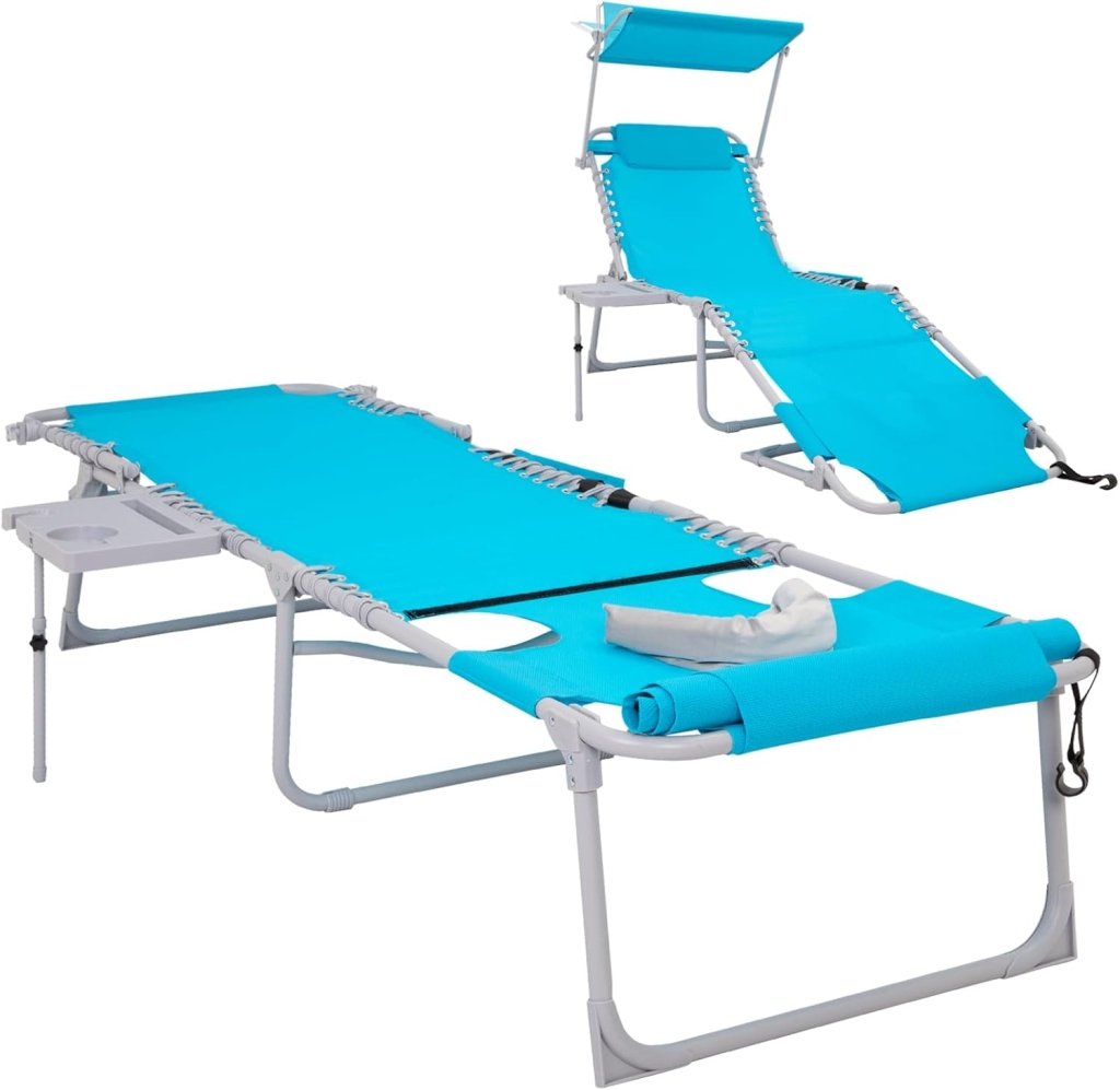 2 Pack Outdoor Chaise Lounge Chair - Portable Folding Patio Pool Lounge Chair, 5 Positions Adjustable Reclining Camping Chair with Side Table,Shoulder Strap, Pillow for Beach Sunbathing Lawn - Wigtrends