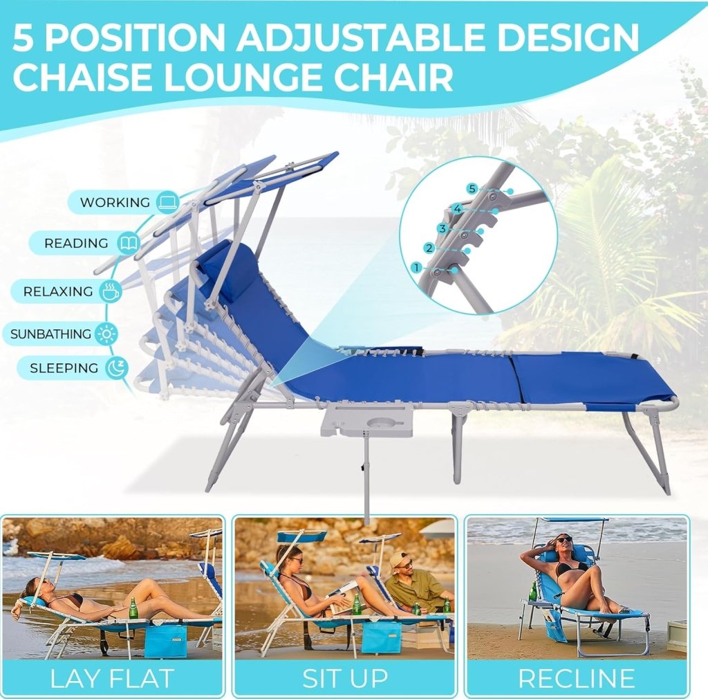 2 Pack Outdoor Chaise Lounge Chair - Portable Folding Patio Pool Lounge Chair, 5 Positions Adjustable Reclining Camping Chair with Side Table,Shoulder Strap, Pillow for Beach Sunbathing Lawn - Wigtrends