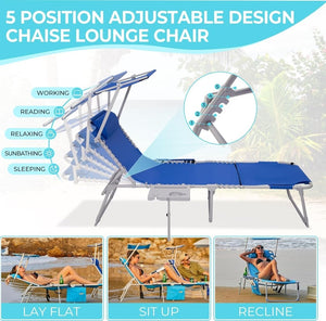 2 Pack Outdoor Chaise Lounge Chair - Portable Folding Patio Pool Lounge Chair, 5 Positions Adjustable Reclining Camping Chair with Side Table,Shoulder Strap, Pillow for Beach Sunbathing Lawn - Wigtrends