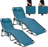 2 Pack Outdoor Chaise Lounge Chair - Portable Folding Patio Pool Lounge Chair, 5 Positions Adjustable Reclining Camping Chair with Side Table,Shoulder Strap, Pillow for Beach Sunbathing Lawn - Wigtrends
