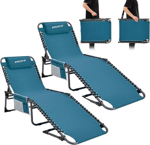 2 Pack Outdoor Chaise Lounge Chair - Portable Folding Patio Pool Lounge Chair, 5 Positions Adjustable Reclining Camping Chair with Side Table,Shoulder Strap, Pillow for Beach Sunbathing Lawn - Wigtrends