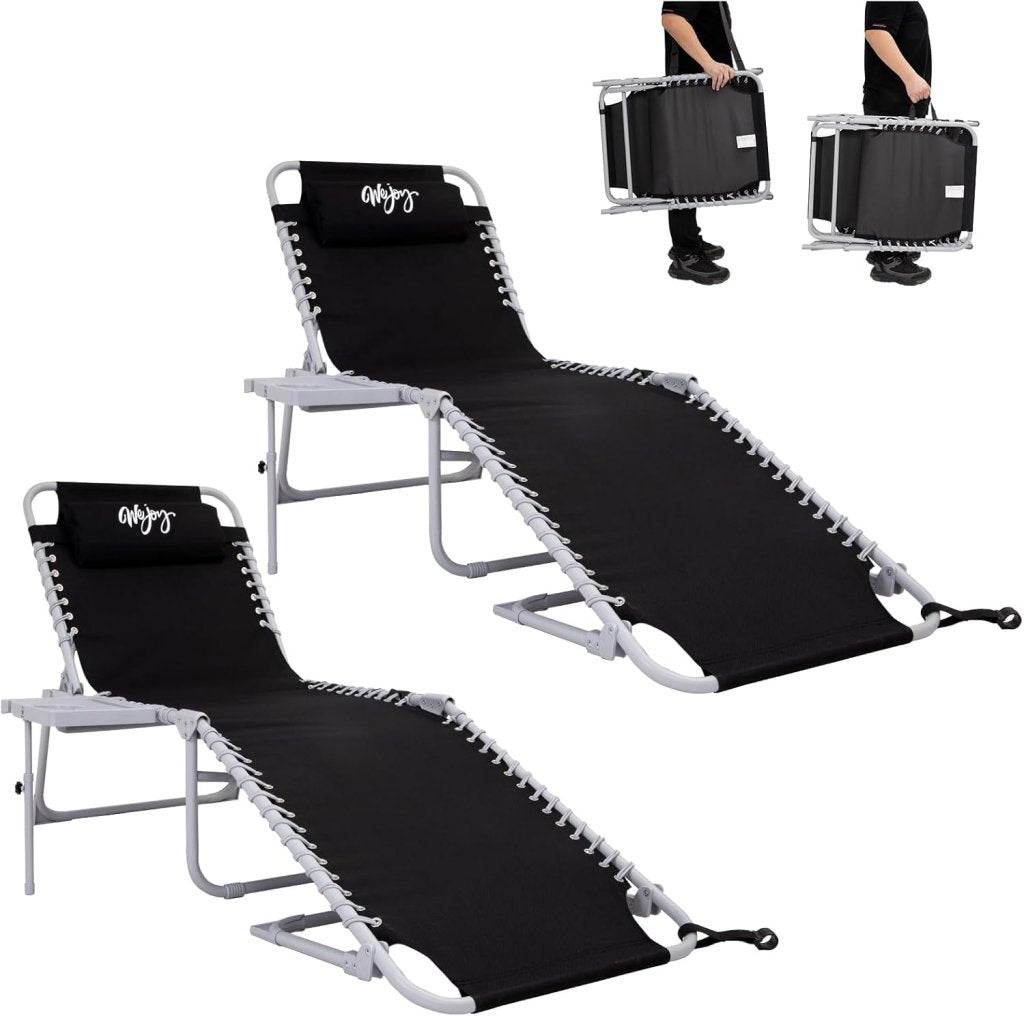 2 Pack Outdoor Chaise Lounge Chair - Portable Folding Patio Pool Lounge Chair, 5 Positions Adjustable Reclining Camping Chair with Side Table,Shoulder Strap, Pillow for Beach Sunbathing Lawn - Wigtrends