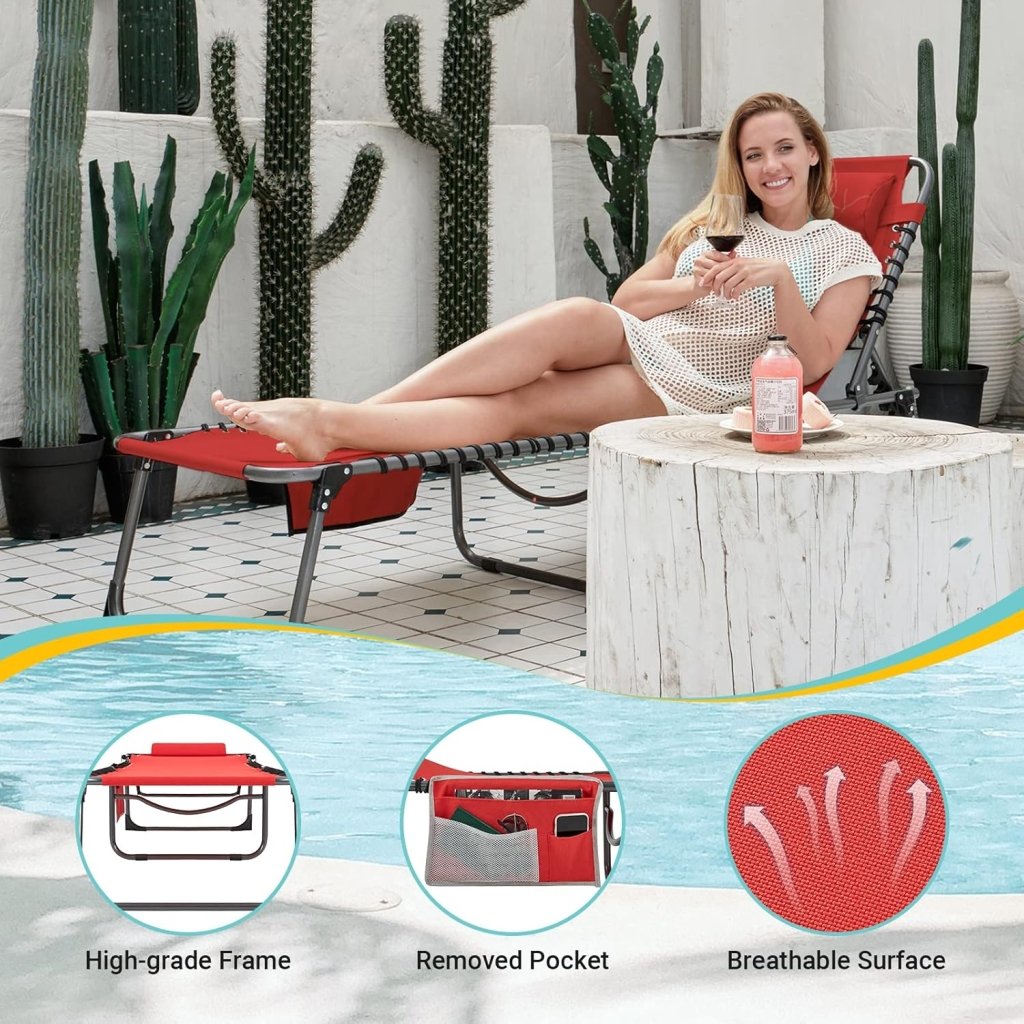 2 Pack Outdoor Chaise Lounge Chair - Portable Folding Patio Pool Lounge Chair, 5 Positions Adjustable Reclining Camping Chair with Side Table,Shoulder Strap, Pillow for Beach Sunbathing Lawn - Wigtrends